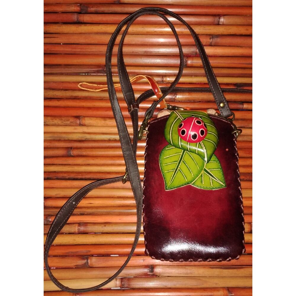 Vintage Handmade Leather Ladybug Crossbody Bag Boho Folk Art Purse